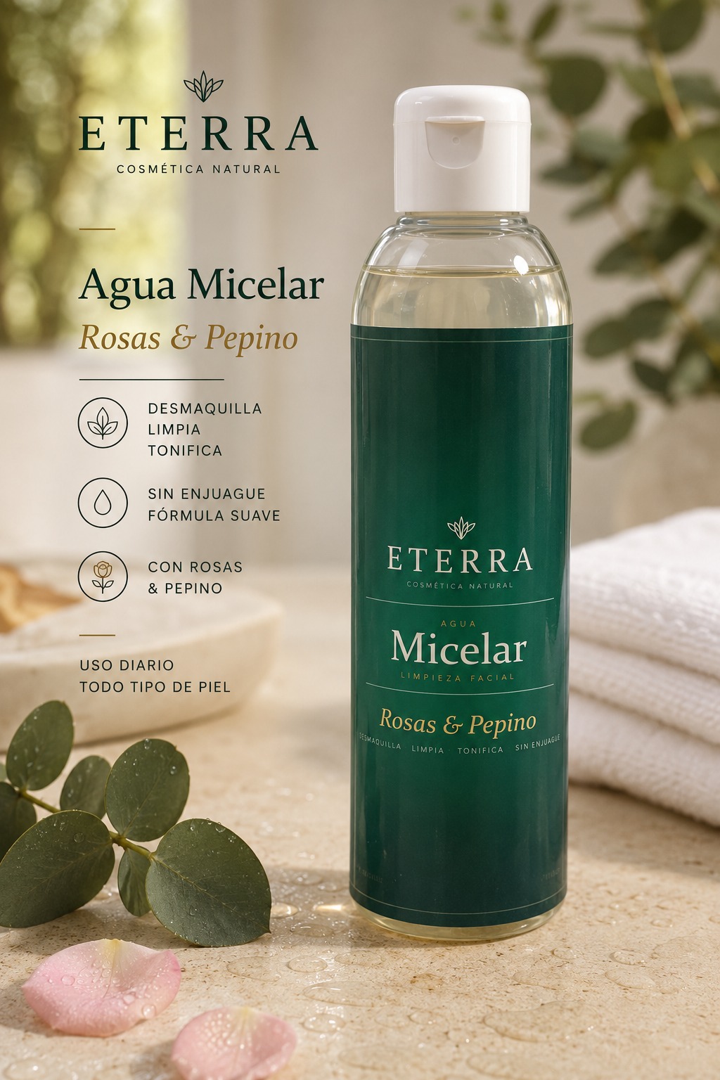 Agua Micelar Eterra Rosas y Pepino: desmaquilla, limpia y tonifica sin enjuague