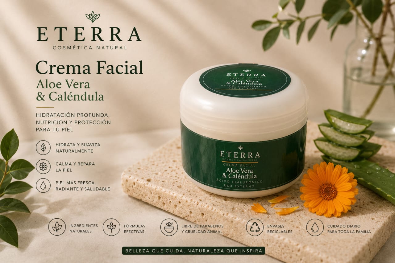 Crema Facial Eterra de Aloe Vera y Caléndula, con ácido hialurónico y vitaminas A y E