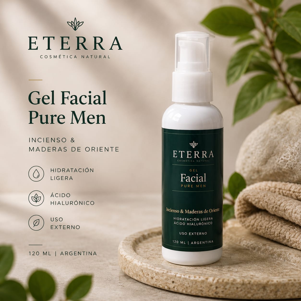 Gel Facial Pure Men Eterra, Incienso y Maderas de Oriente, con ácido hialurónico