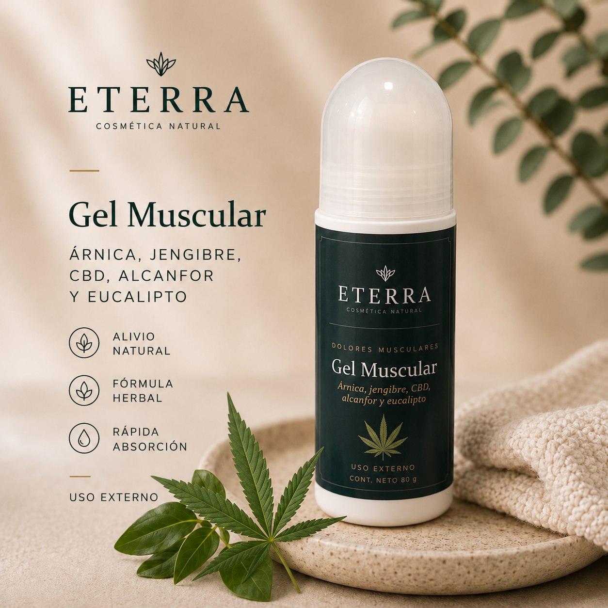 Gel muscular Eterra roll-on con árnica, jengibre, CBD, alcanfor y eucalipto