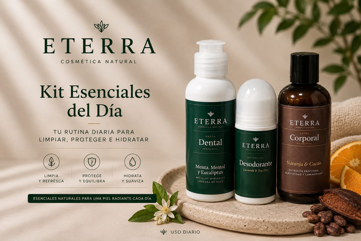 Kit Esenciales del Día Eterra: desodorante natural, pasta dental botánica y crema corporal