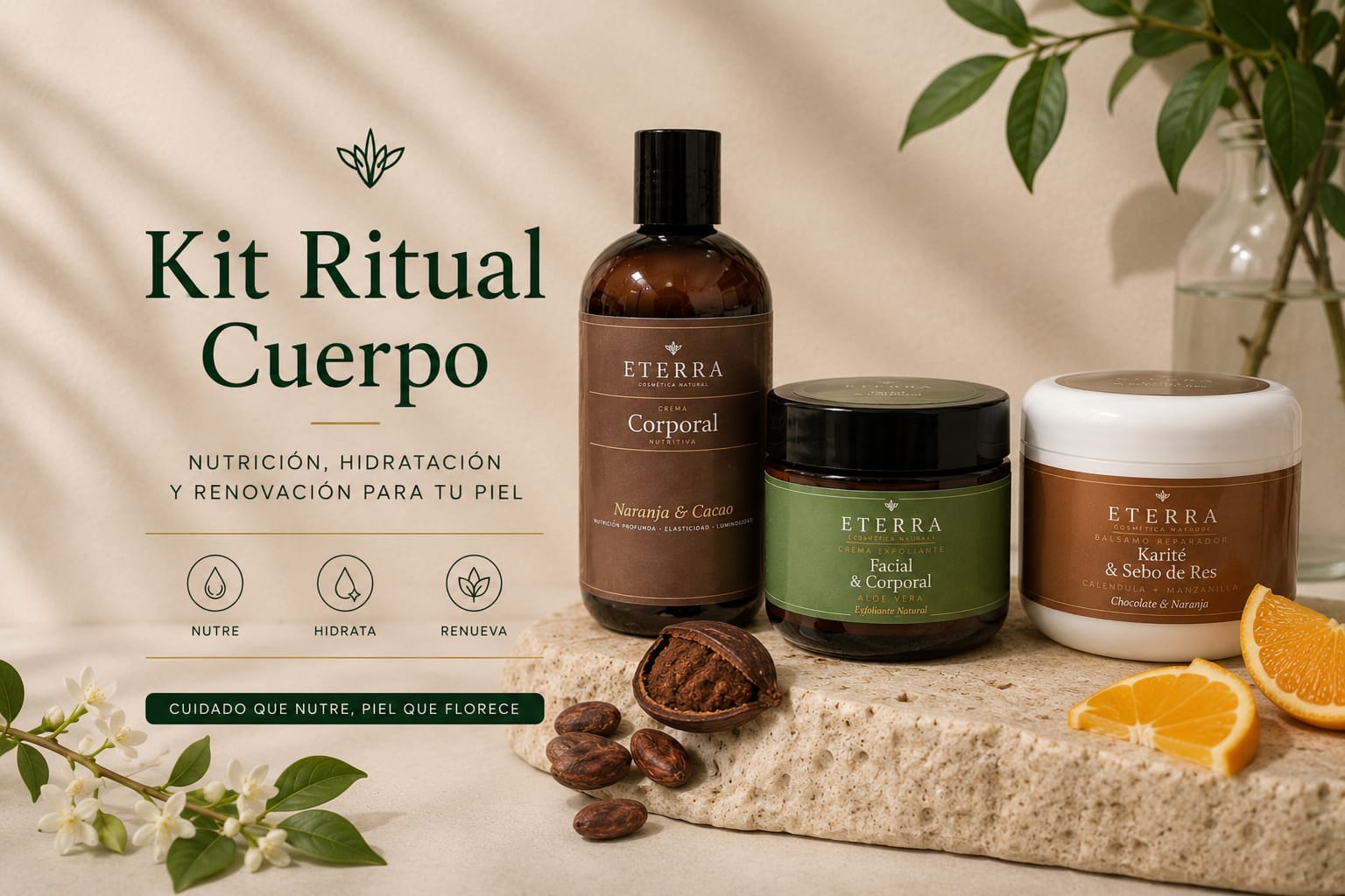 Kit Ritual Cuerpo Eterra: exfoliante, crema corporal y bálsamo reparador