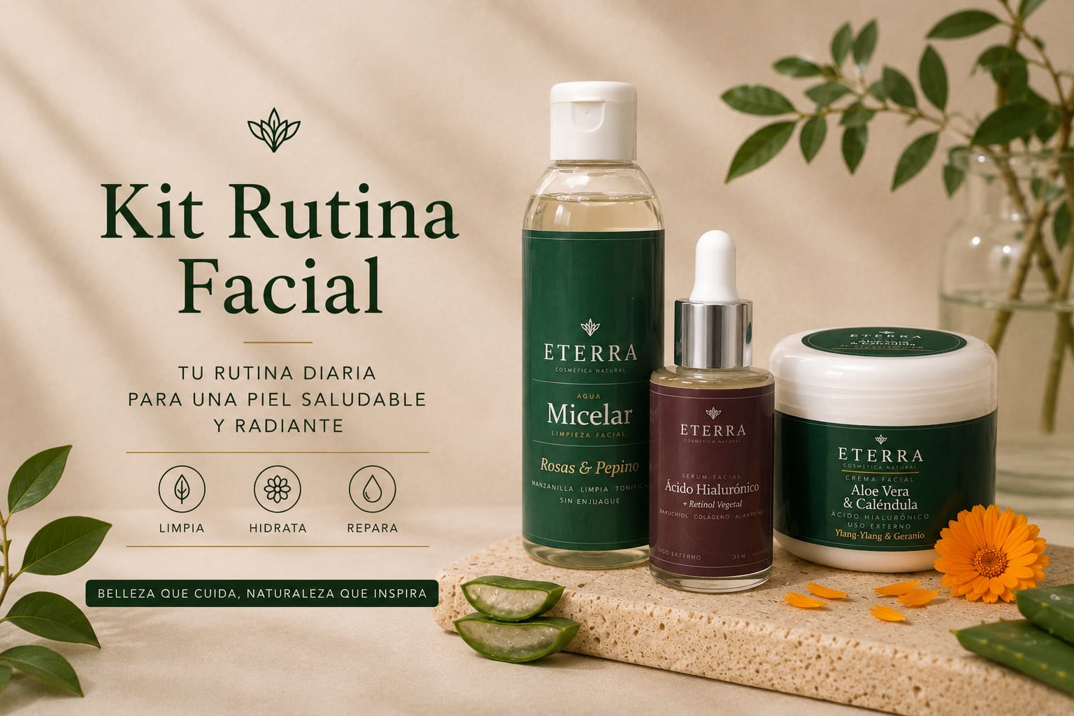 Kit Rutina Facial Eterra: agua micelar, sérum de ácido hialurónico y crema facial de aloe vera y caléndula