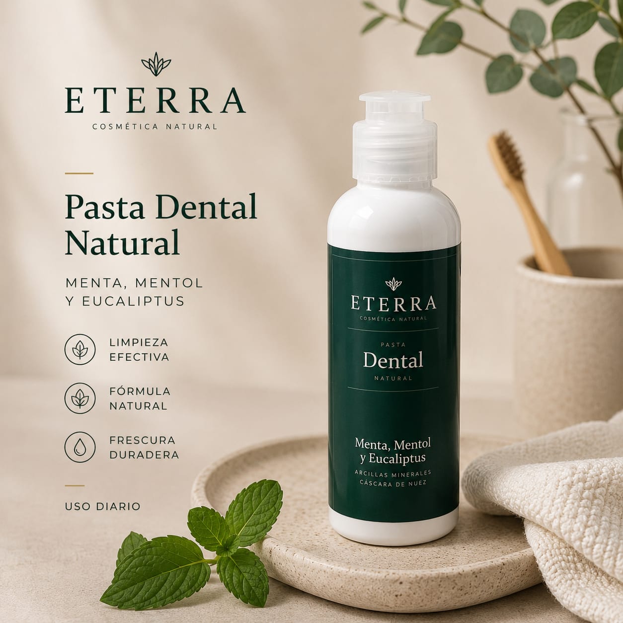 Pasta dental natural Eterra de 90 g, Menta, Mentol y Eucaliptus, con arcillas minerales y cáscara de nuez
