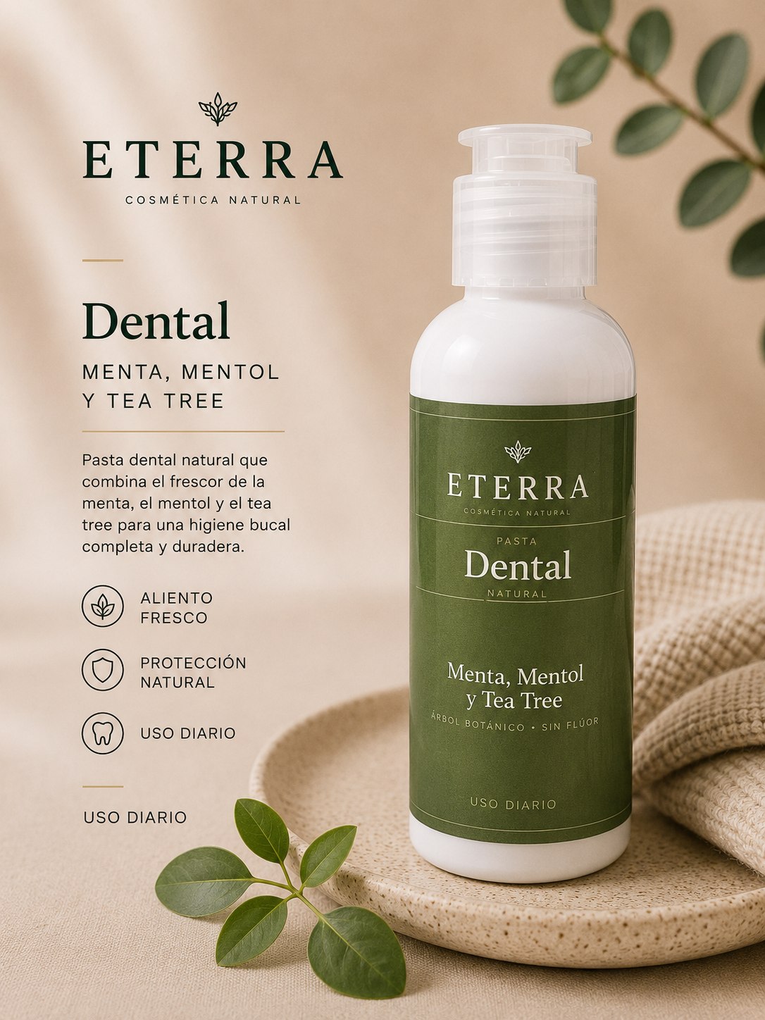 Pasta dental Eterra de 90 g, Menta, Mentol y Tea Tree