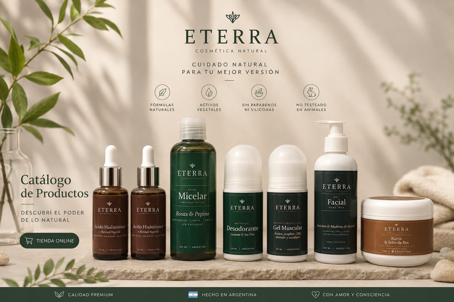 Colección completa Eterra: sérum de ácido hialurónico, agua micelar, desodorante, gel muscular, gel facial Pure Men y bálsamo reparador