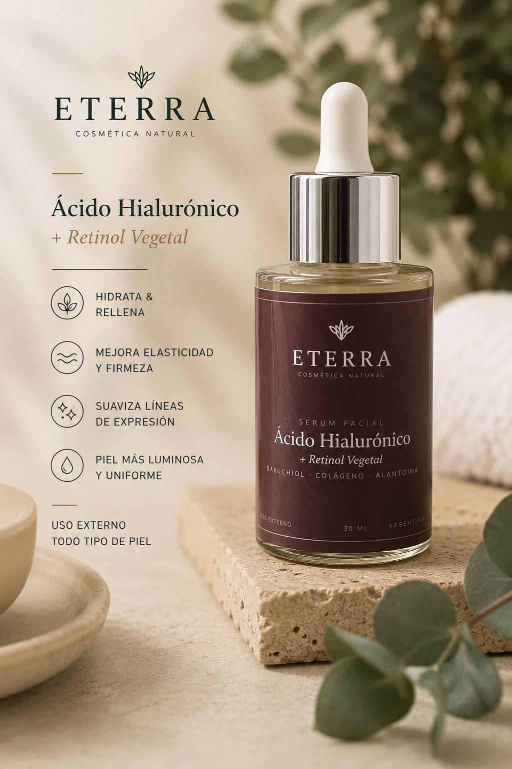Sérum facial Eterra de Ácido Hialurónico con Retinol Vegetal, bakuchiol, colágeno y alantoína